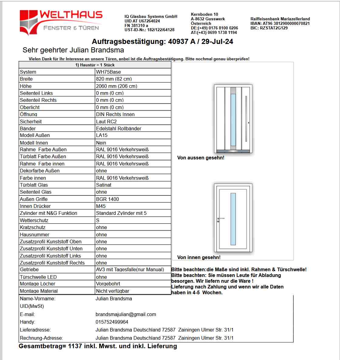 WH 33899 WH75  LA15 820x2060 DIN Rechts Aluminium mit Kunststoff Haustür Frankfurt WH75 Keyless GO Welthaus Haustür